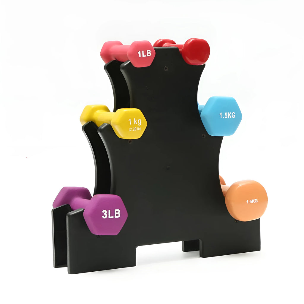 White PVC wall-mounted dumbbell rack with removable bracket for home gym storage.