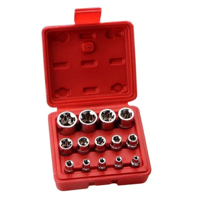 Red box containing a 14-piece set of chrome vanadium steel E-type sockets for repair work.