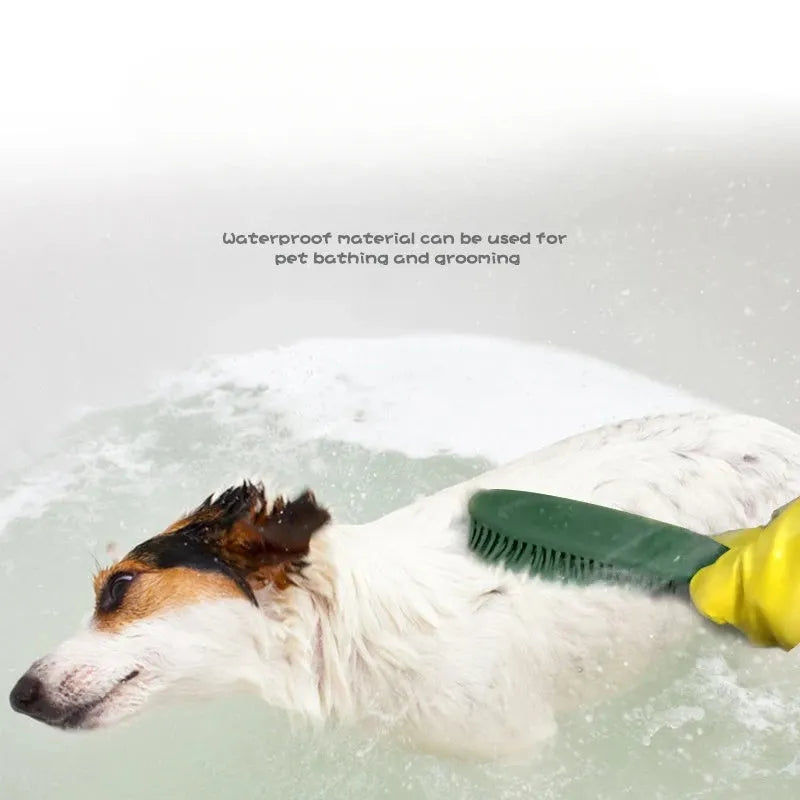 Green dog brush with hair collector reservoir, massage nodules, and a separate pink wool sticker for pet hair removal