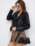 Women's black retro-style PU leather coat with regular sleeves and 50cm length