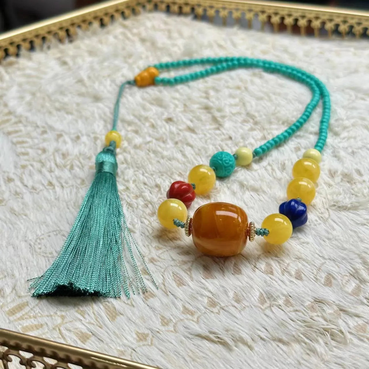 Turquoise stone mesh flower pendant necklace with adjustable ball bead chain