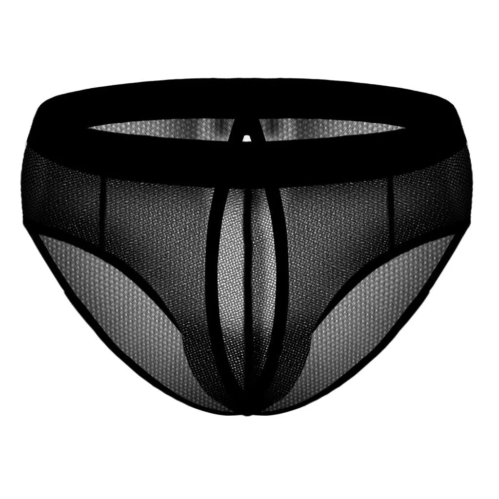Men's mesh back rubber band triangle shorts in black nylon, front view showing elastic waist and triangle cut