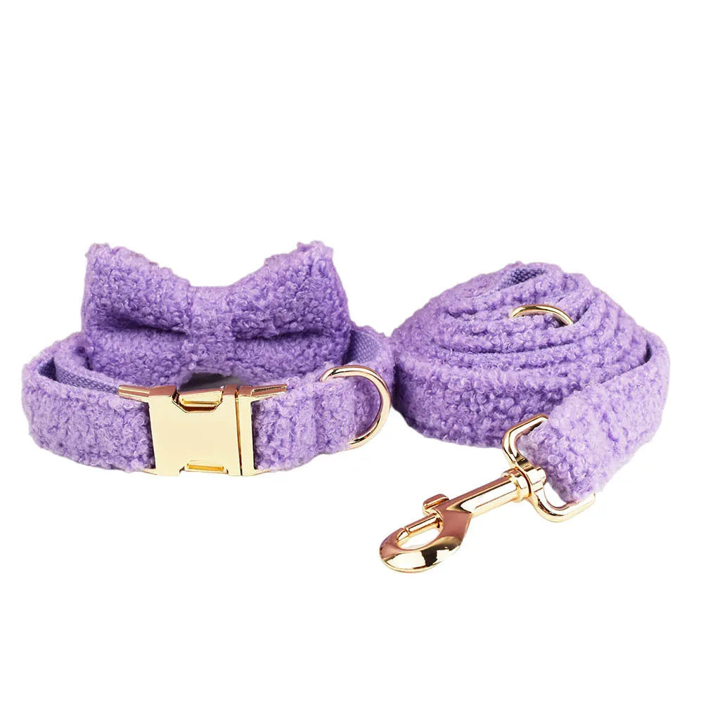 Purple cloth dog collar, leash, bow, and vest set for small dogs