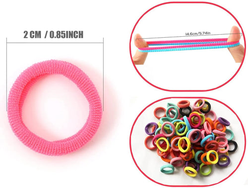 100 multicoloured seamless cotton baby hair ties in a small jar, showing soft fabric material.