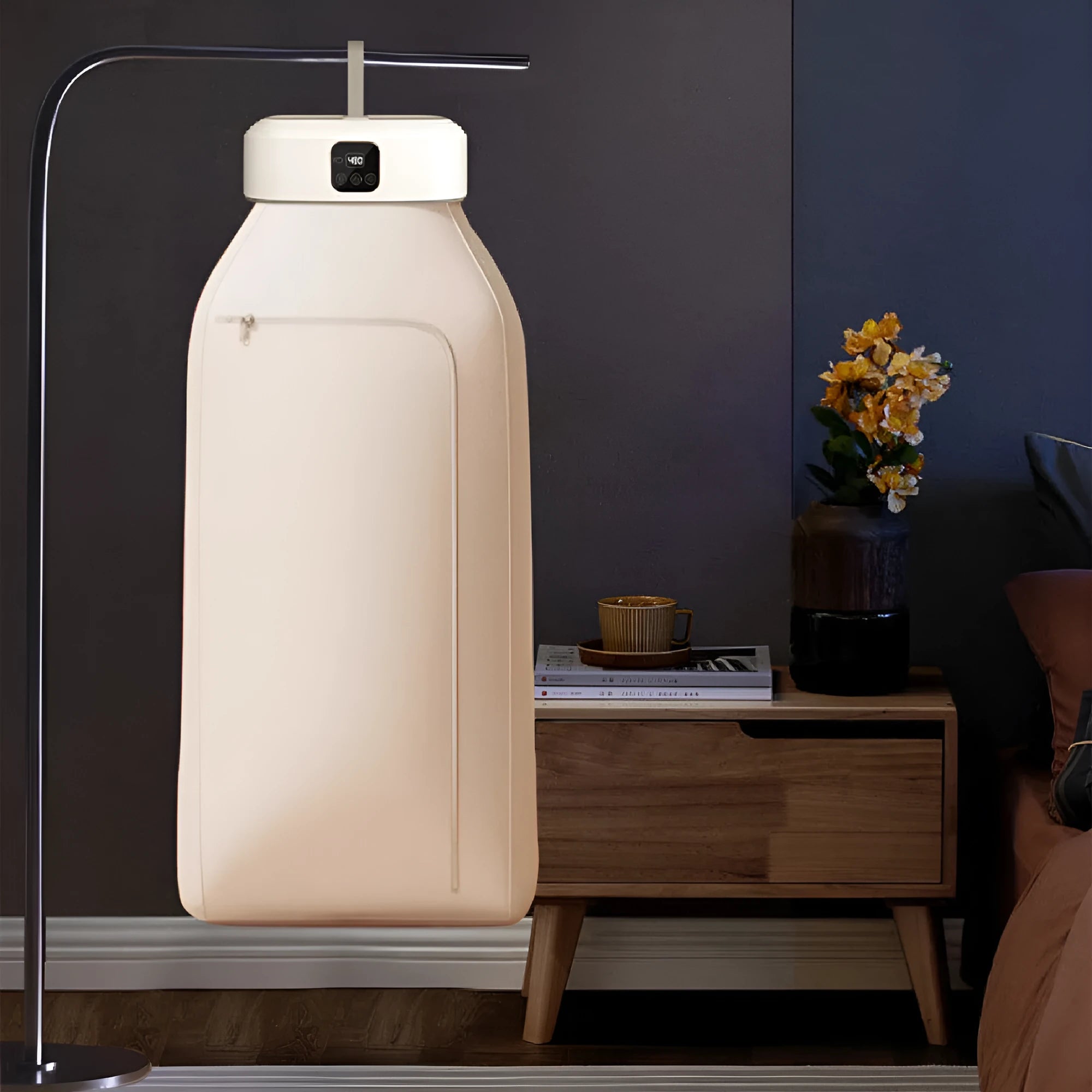 White cylindrical smart laundry drier with remote control for dormitory quick-drying and foldable storage