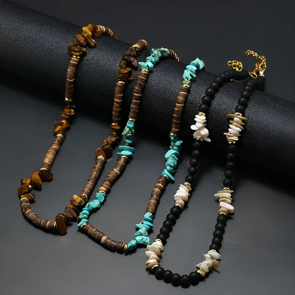 Men's bohemian turquoise coconut shell punk necklace with crystal pendant and beads on adjustable chain