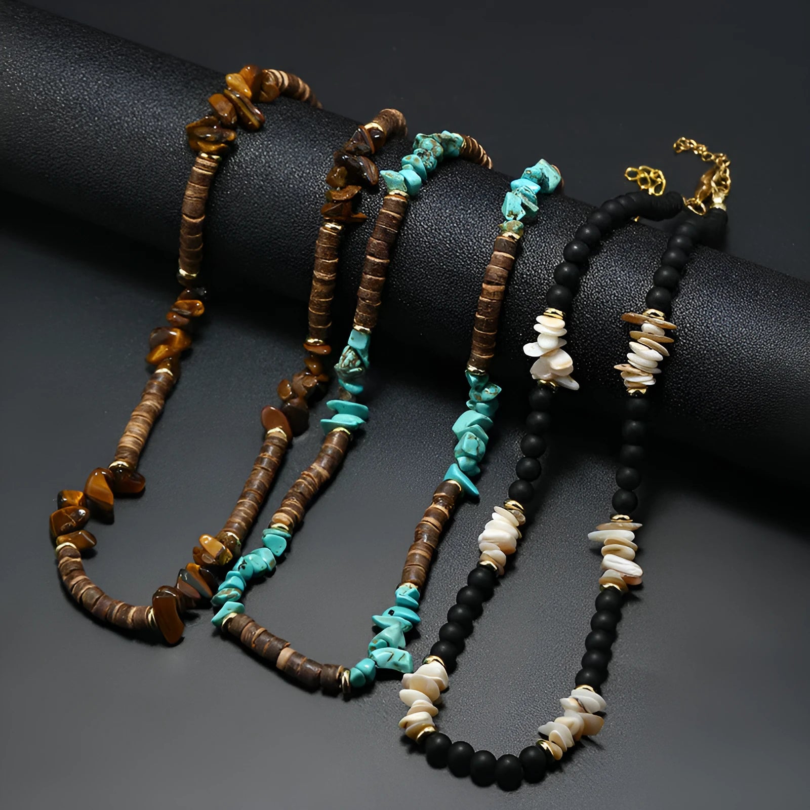 Men's bohemian turquoise coconut shell punk necklace with crystal pendant and beads on adjustable chain