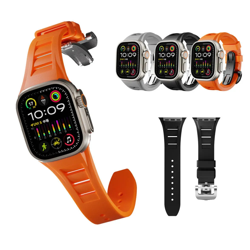 Orange liquid silicone watch strap with silver folding buckle for 42-49mm cases