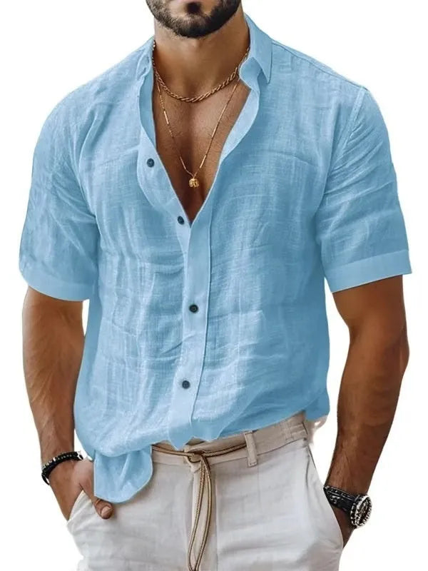 Men's short sleeve lapel shirt in solid colour with cardigan style design