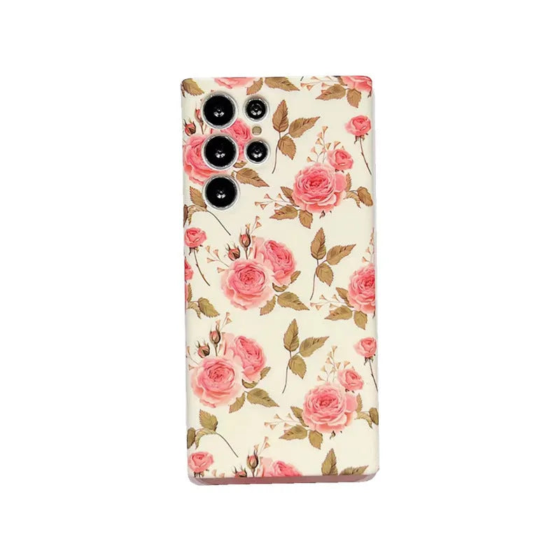 Vintage flower crossbody silicone phone case for Samsung S23 Ultra in green and blue with lanyard