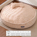Round nest pet bed with removable cloth cover in milk tea colour, shown in various sizes.