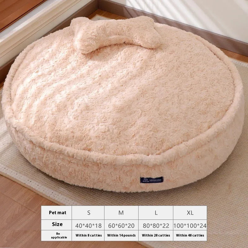 Round nest pet bed with removable cloth cover in milk tea colour, shown in various sizes.