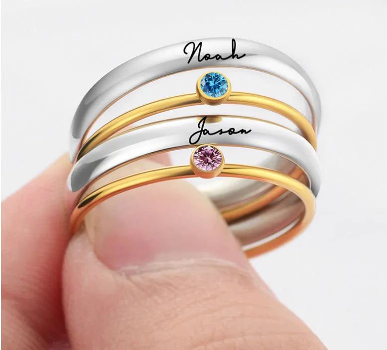 December birthstone engraved titanium steel ring with geometric design and six sizing options