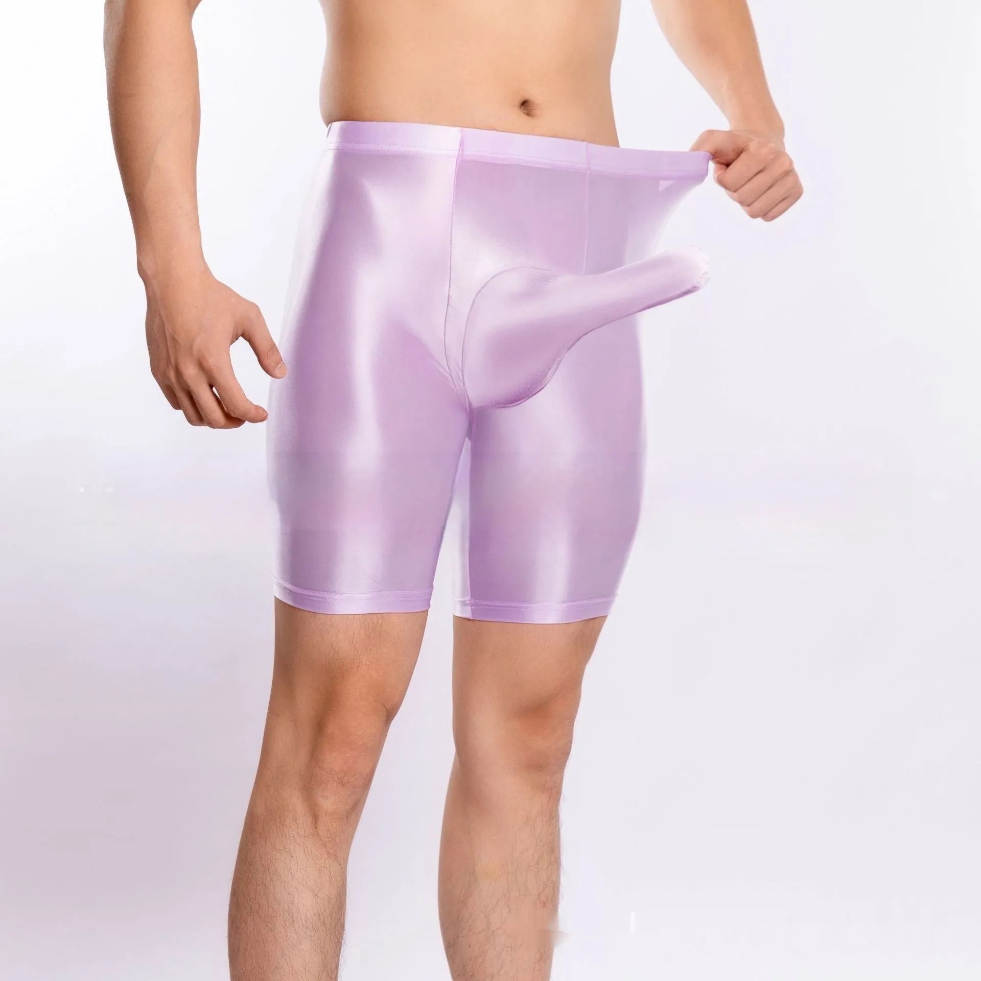 Plus size shiny nylon sports shorts for men in multiple colours on a size chart.