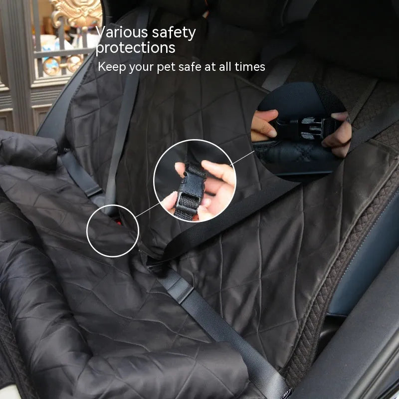 Rear car dog bed made of Oxford cloth in black, measuring 127x35x55 cm, placed on a car back seat