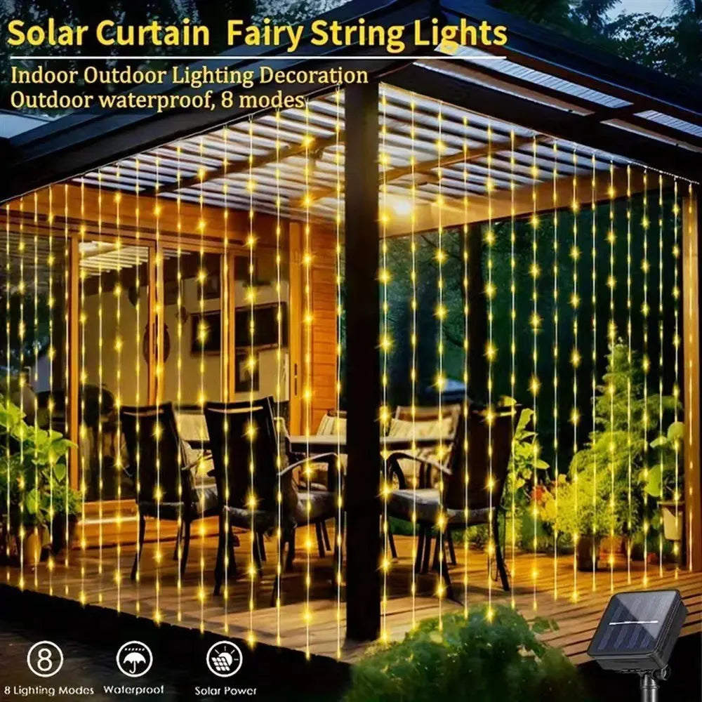 Curtain lighting chain with 300 warm flower-shaped lights on copper wire for outdoor decoration