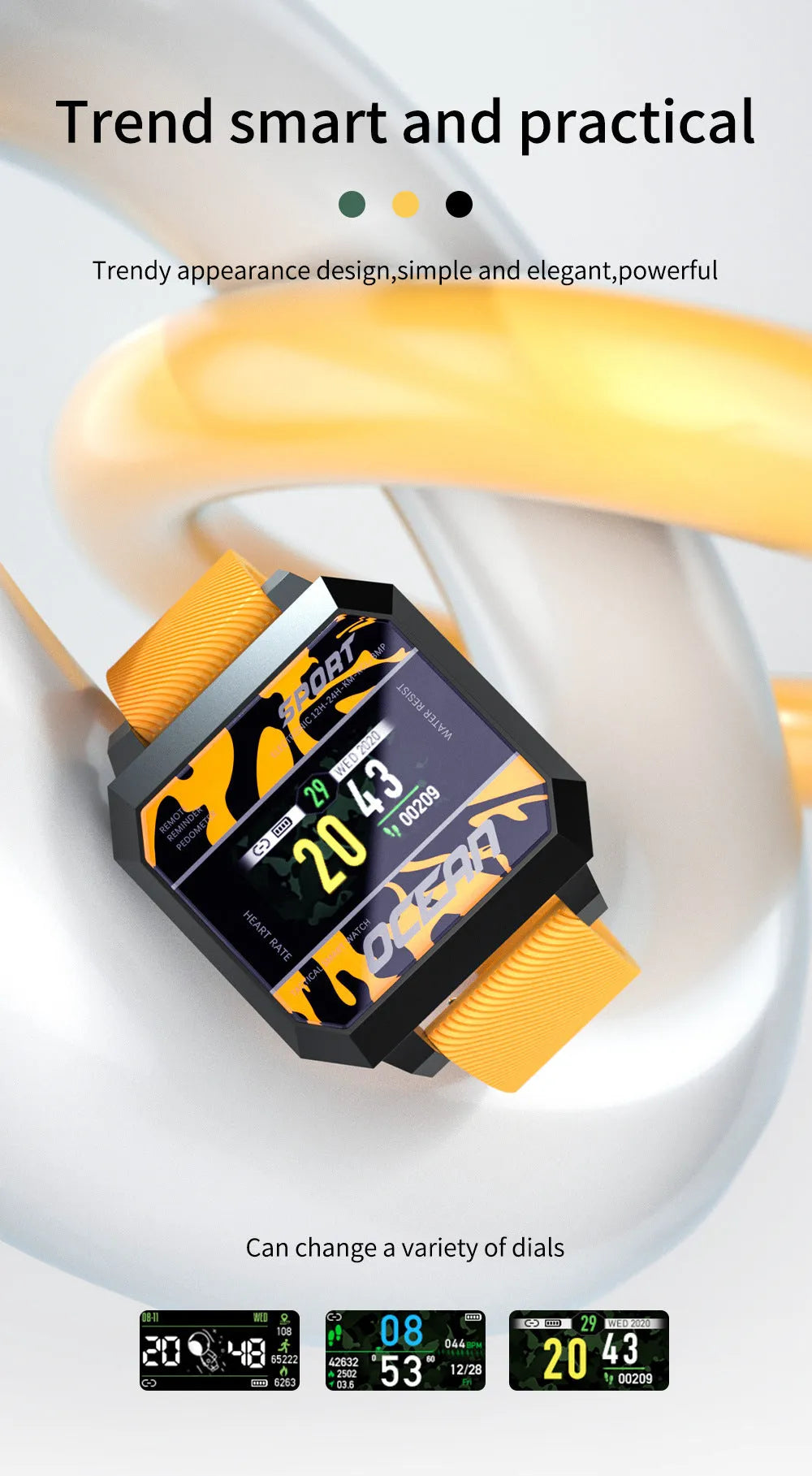 Smart sports watch with heart rate blood pressure oximeter step tracking 0.96 inch TFT display silicone strap black