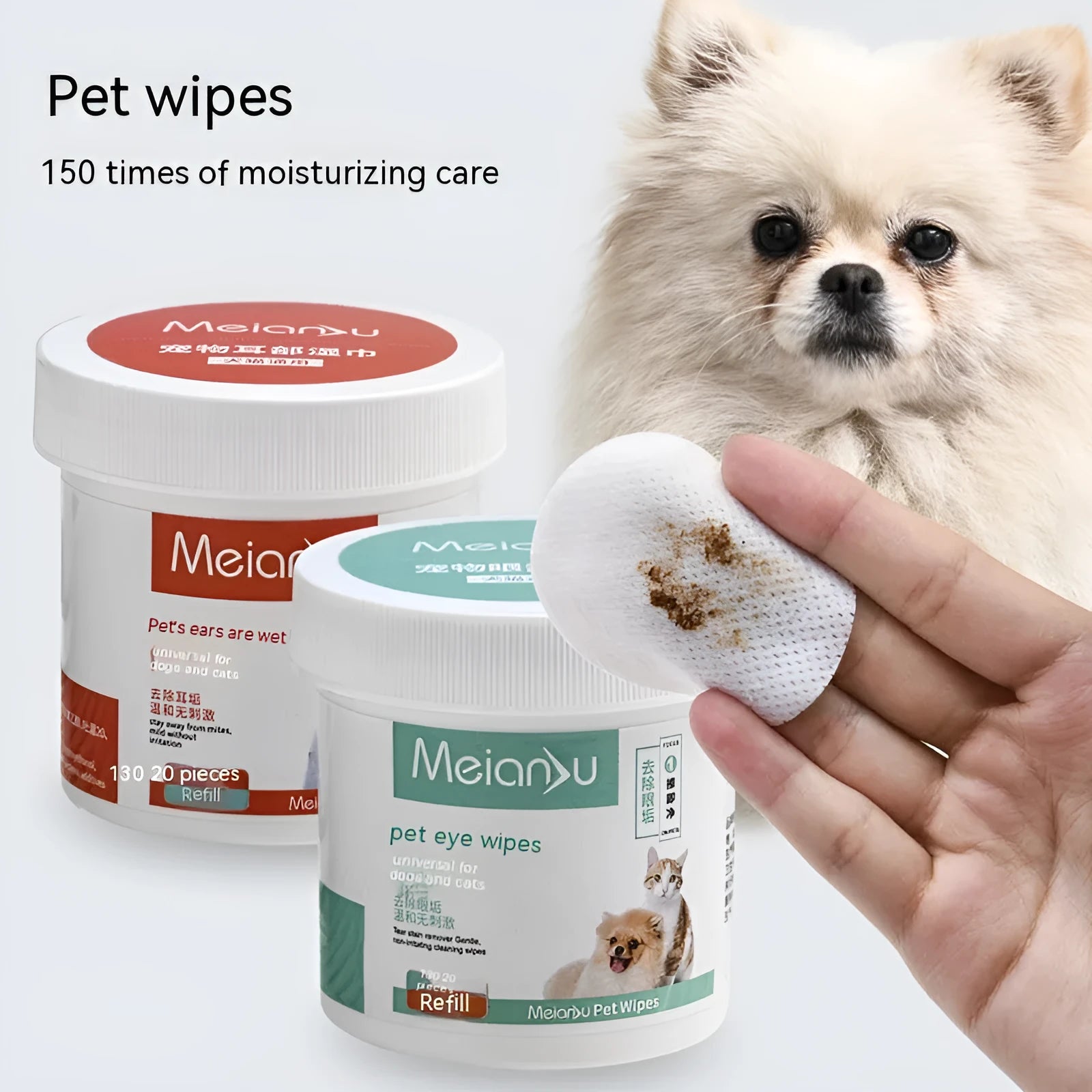 Box of pet ear and eye cleaning wipes with non-woven fabric, available in 130 or 150 pieces