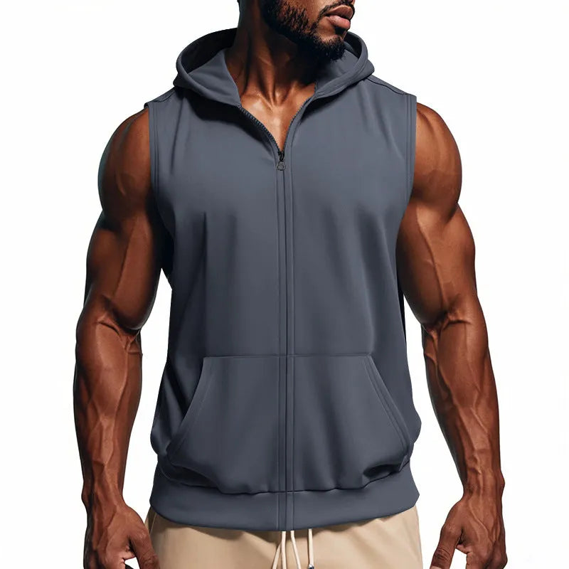 Men's sports fitness training zip-up sleeveless vest hooded summer top solid colour twill fabric
