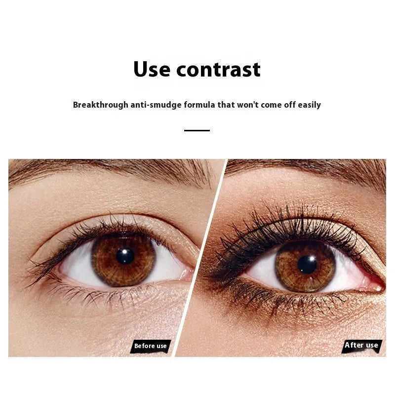 Black waterproof mascara wand with thick curling formula in English packaging