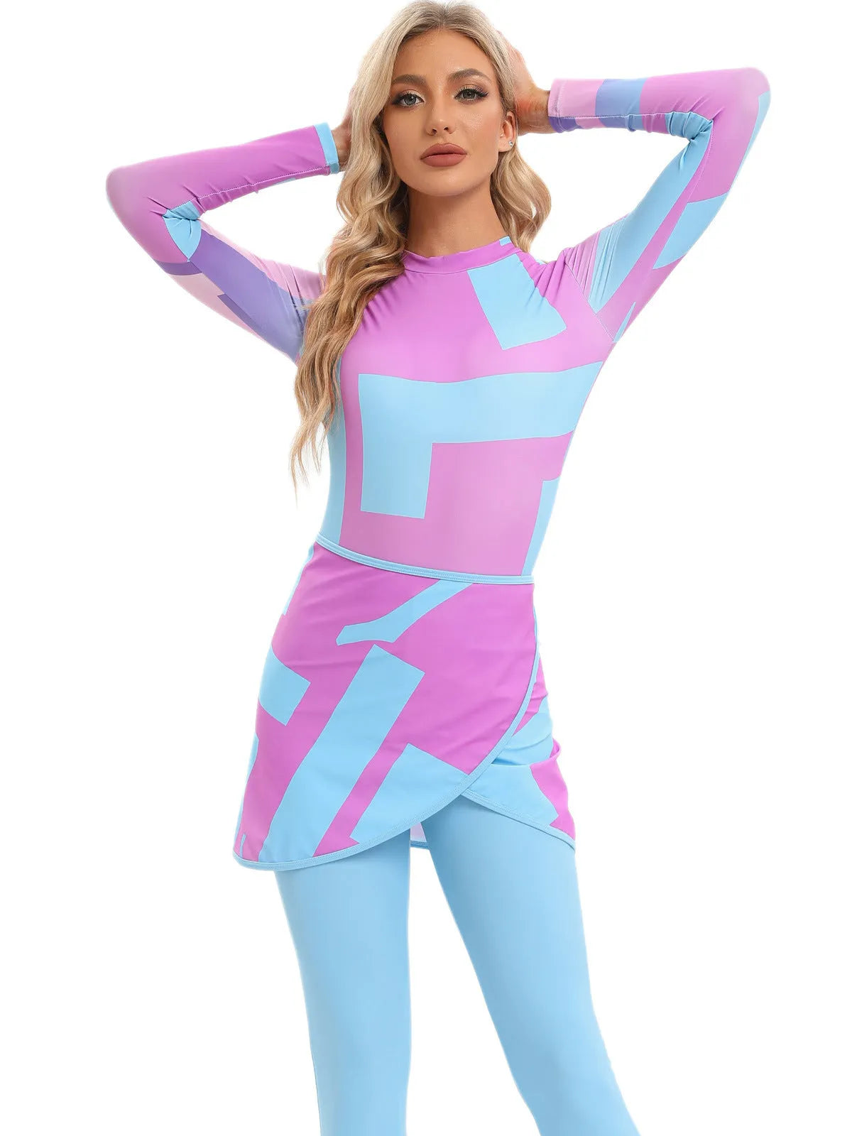 Conservative blue swimsuit and apron three-piece set for women on a mannequin.