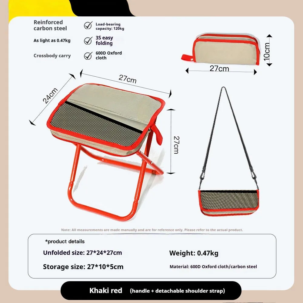 A folded lightweight camp stool with an Oxford cloth seat in a choice of colours.