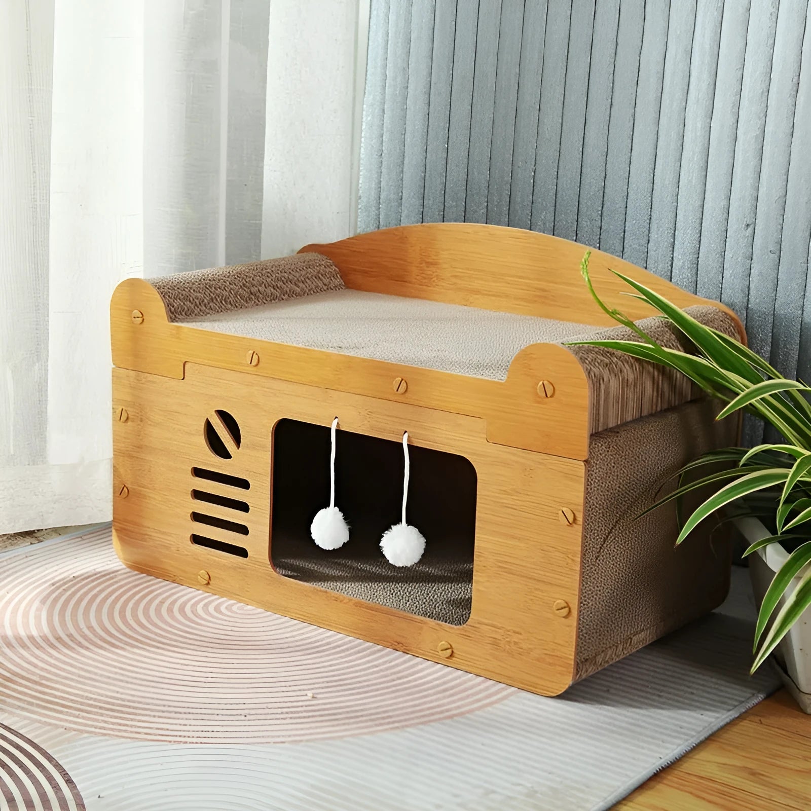 Corrugated paper double-layer cat house with double ball doors for indoor feline enrichment