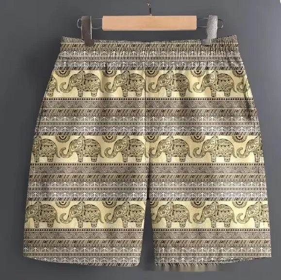 Men's casual striped and patterned polyester shorts for outdoor sports, shown in multiple sizes.