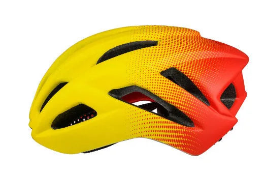 Orange mountain bike helmet showing ventilation holes and in-mould construction