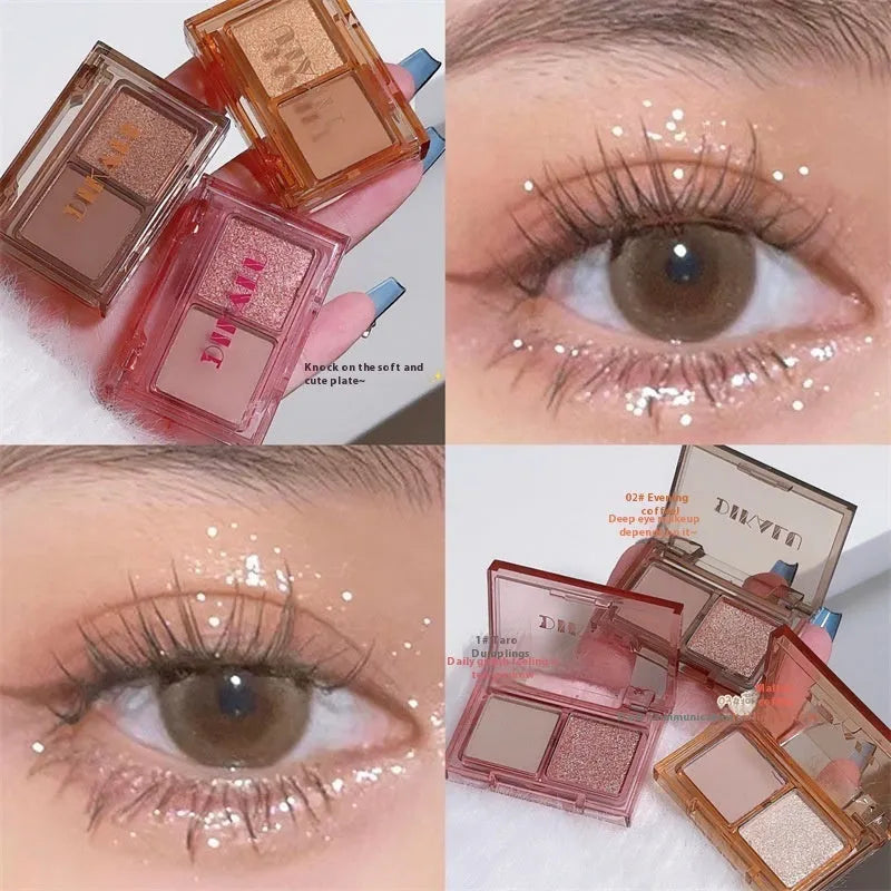 DIKALU two-tone eyeshadow compact showing pink and black shades with matte and shimmer finishes.
