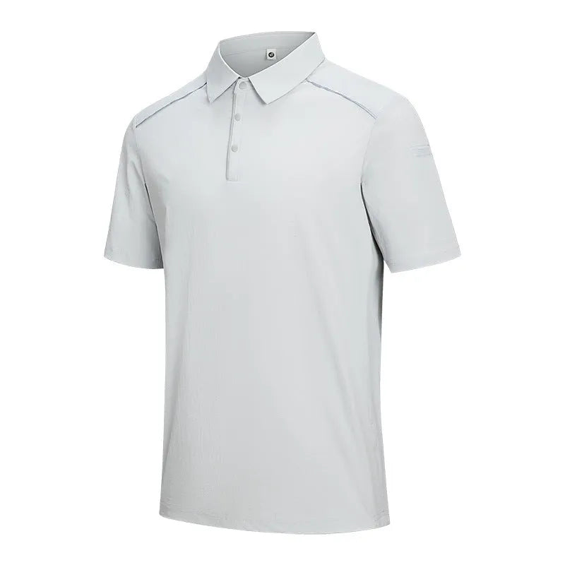 Men's solid colour quick-dry polo shirt in nylon blend fabric on a hanger.