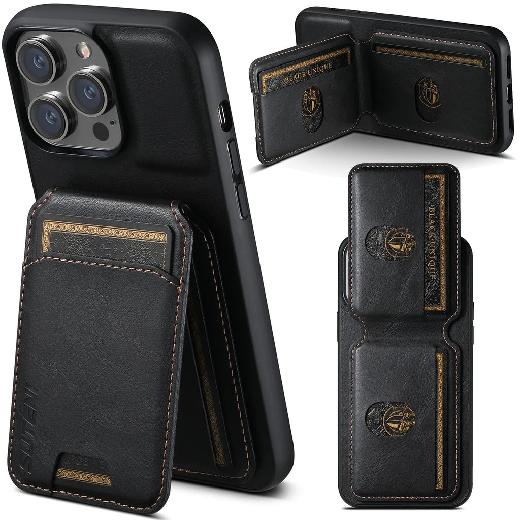H02 Black PU leather card phone case with kickstand for iPhone, handmade TPU bumper wallet case