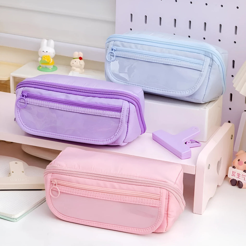 Korean-style canvas pencil case with 10-layer flip design open to show multiple compartments