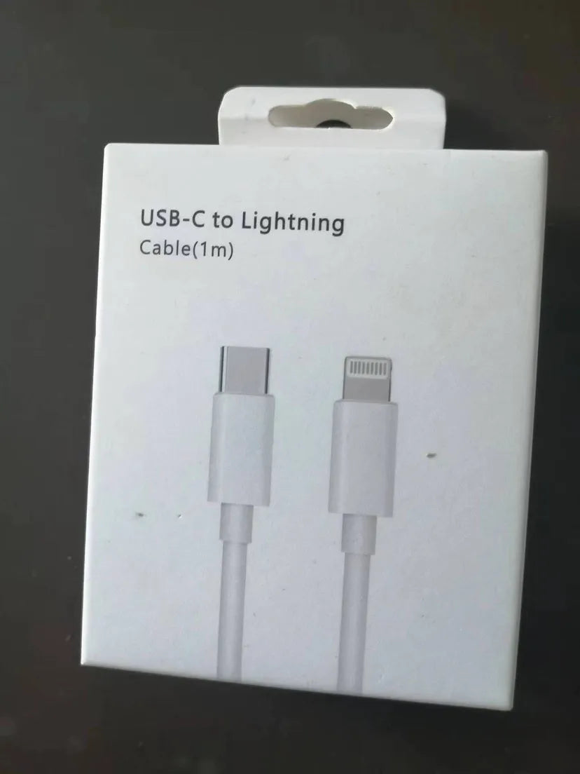 White 20W USB-C PD fast charger with UK plug and a choice of cable lengths.