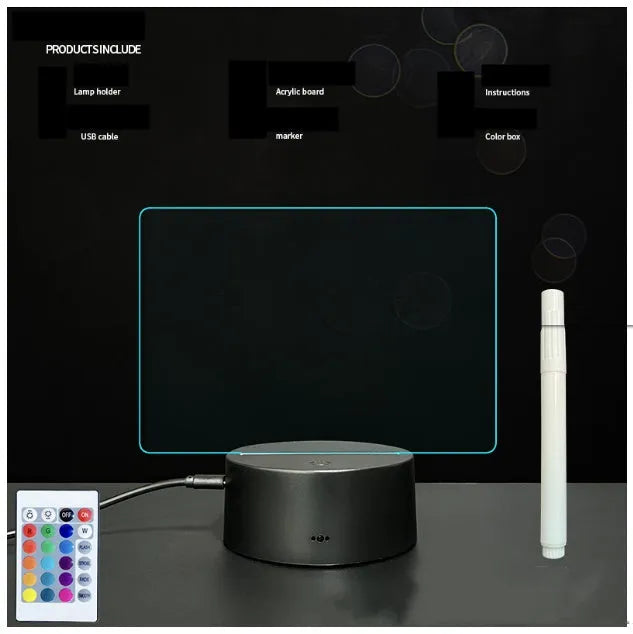 3D light handwritten acrylic message board with black crack base, showing handwritten text and coloured LED night light in use on a desk