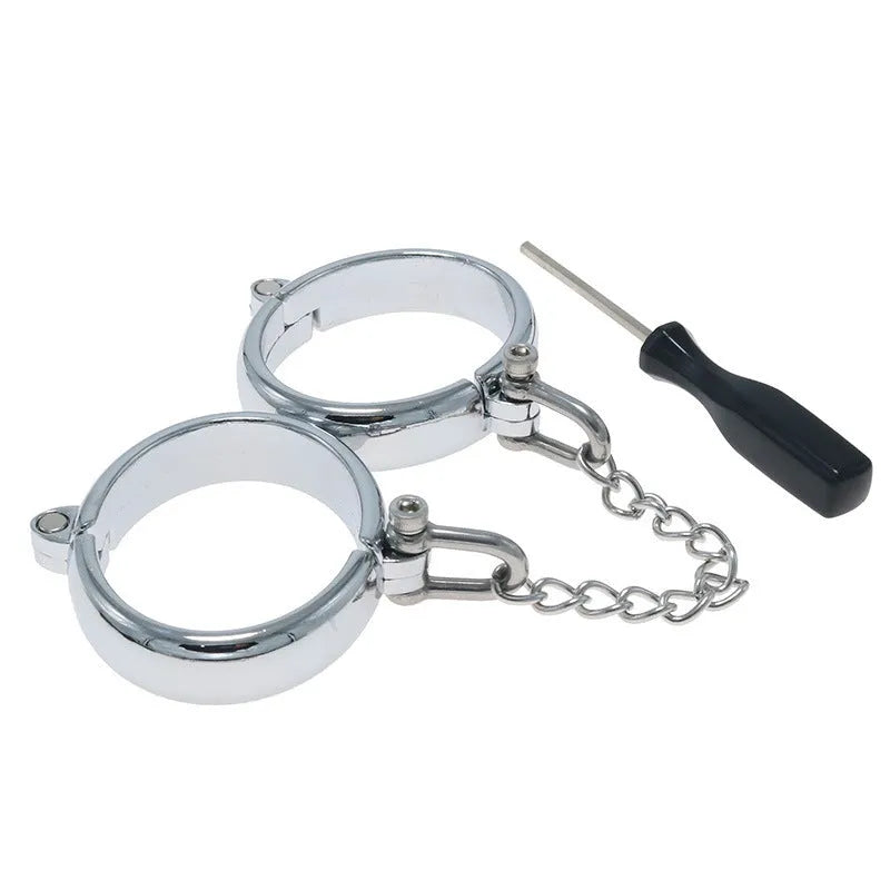 Silver zinc alloy handcuffs and footcuffs set with stainless steel detailing for adult role-play
