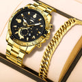 Men's gold-coloured business watch with stainless steel strap and calendar display.