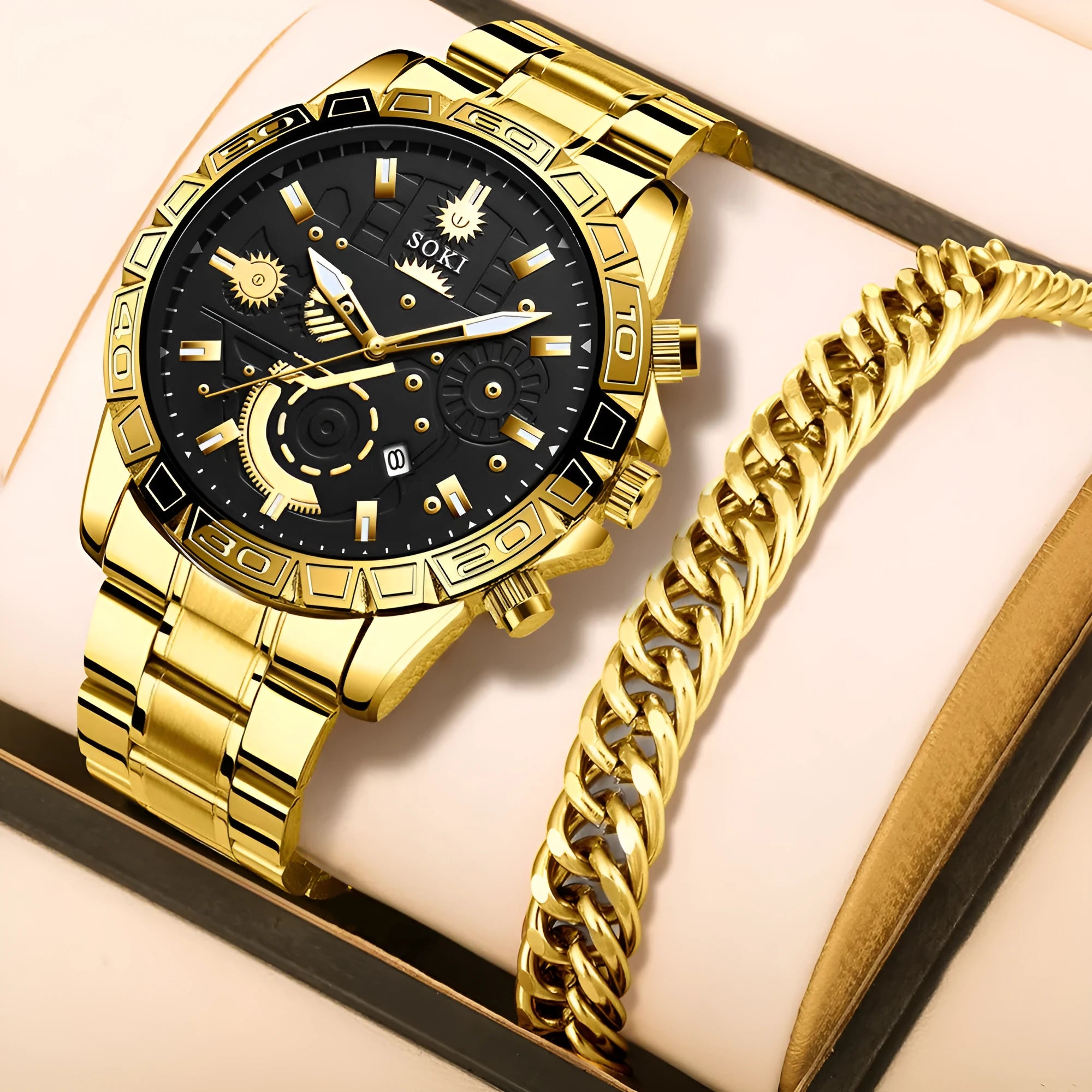 Men's gold-coloured business watch with stainless steel strap and calendar display.