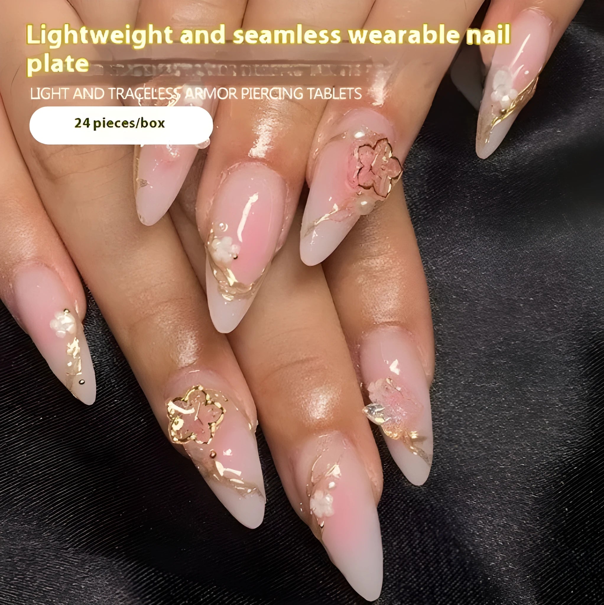 Gold Silk Butterfly colour artificial nails with flower gilding and gradient design