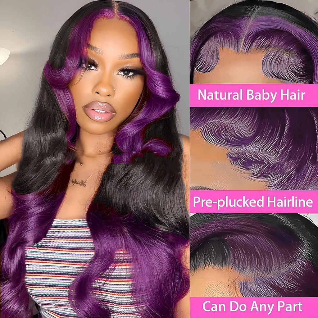 Gradient purple real human hair lace front wig with 13x6 lace base shown in long length