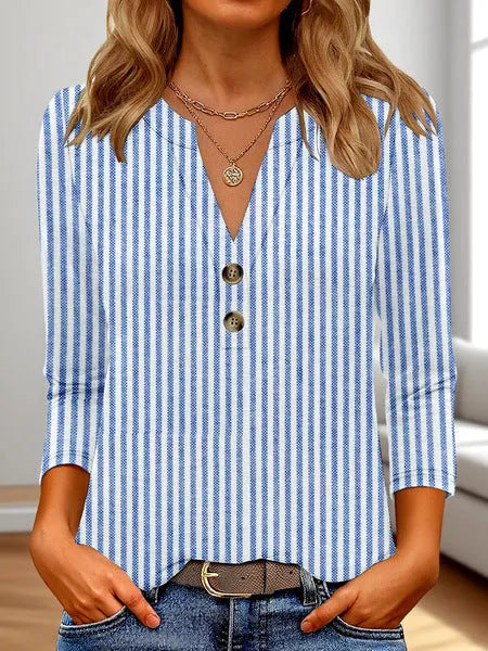 Women's loose-fit casual V-neck top with a 3D printed pattern in Japanese Korean style.
