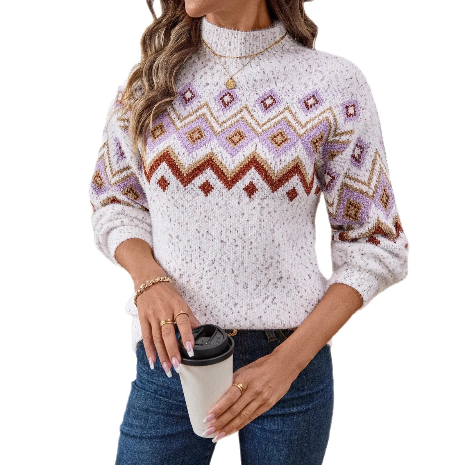 White women's loose fit sweater with geometric Jacquard pattern and half turtleneck collar