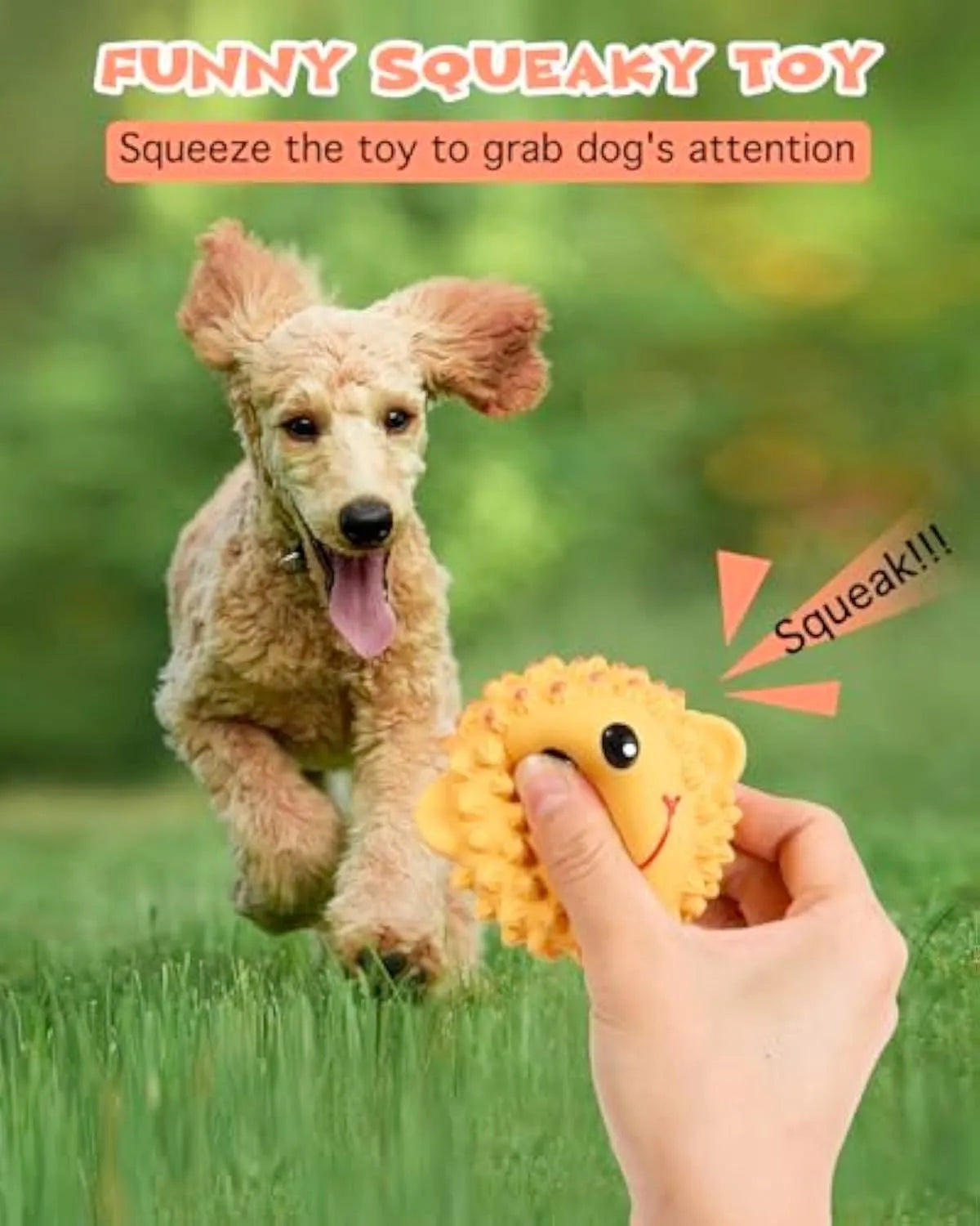 Set of two squeaky natural latex dog toys in lamb and monkey shapes, 3 inches diameter, orange and yellow colours