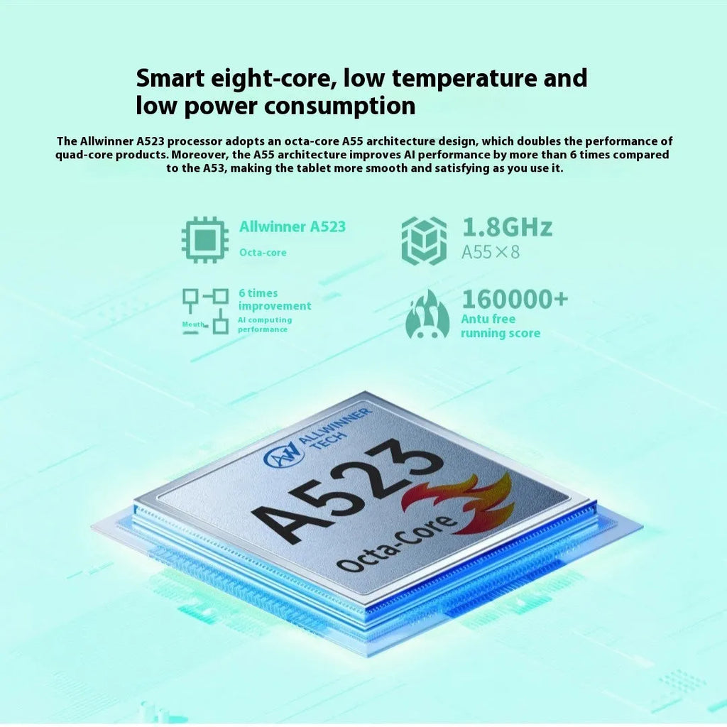 Green Android 13 tablet with 8-inch HD screen, eight-core processor, 4GB RAM, 64GB storage, and dual camera
