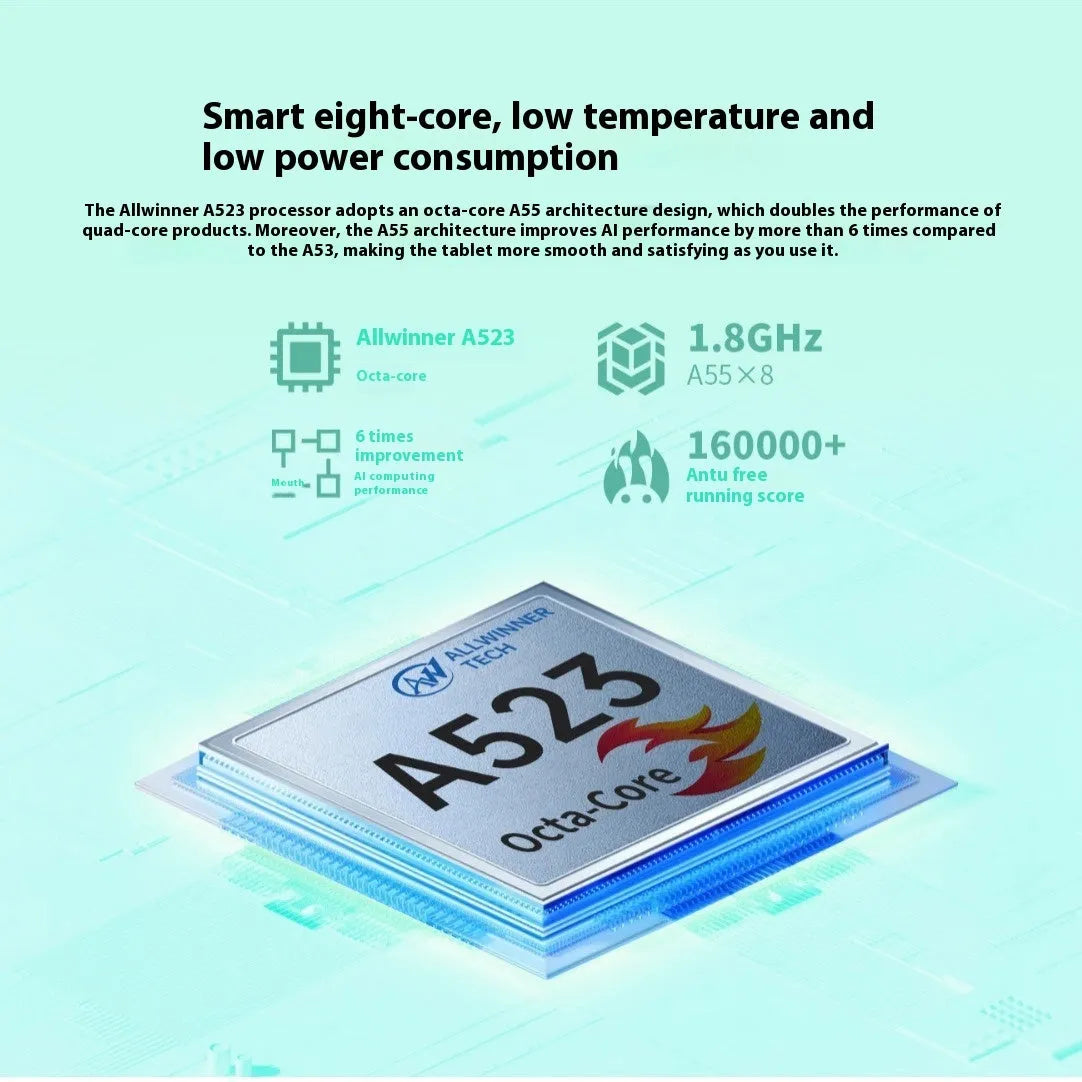 Green Android 13 tablet with 8-inch HD screen, eight-core processor, 4GB RAM, 64GB storage, and dual camera