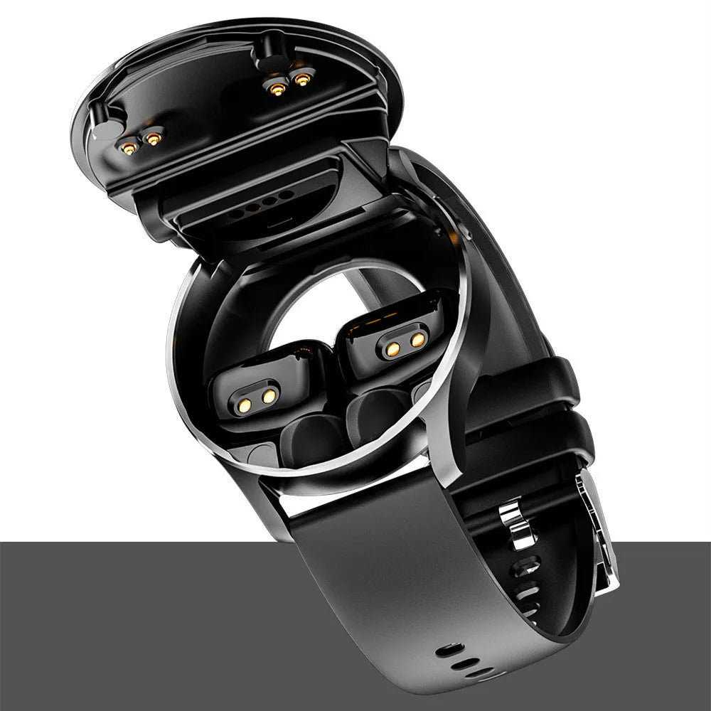X7 smart watch with black TPU band and TWS Bluetooth earphones on a charging cable