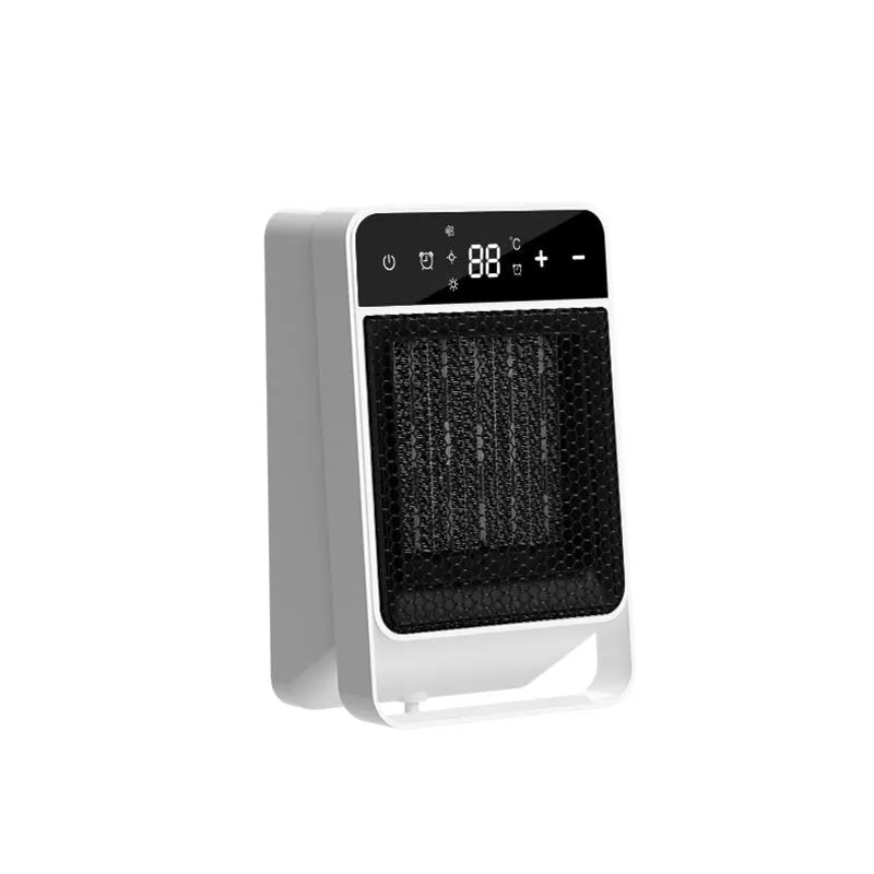Black or white desktop electric heater with digital touch screen display and remote control on a wooden desk.