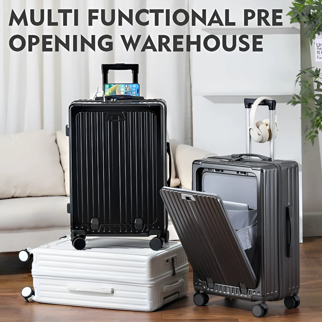 Front open cover multifunctional trolley case in titanium gray with USB interface and universal wheels