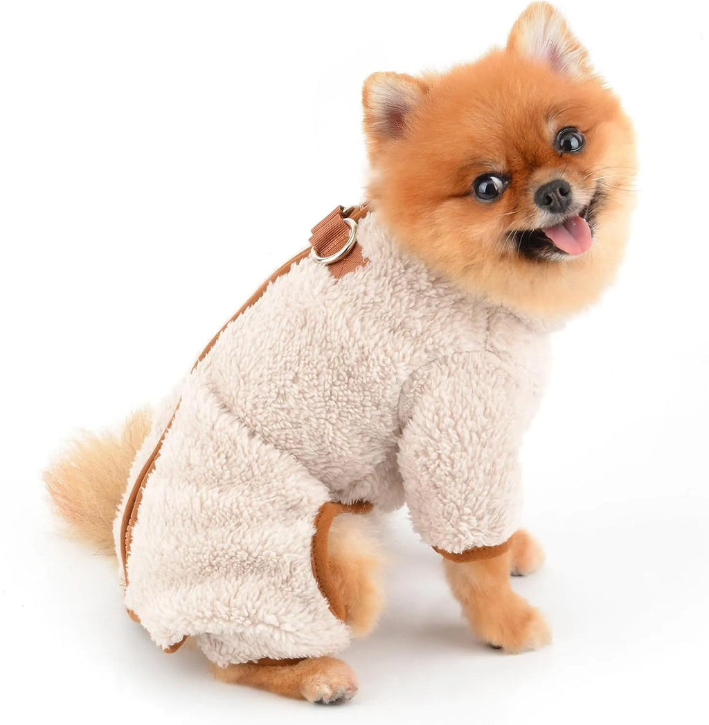 Green fleece dog jumpsuit with four legs and back zipper for small breed winter wear