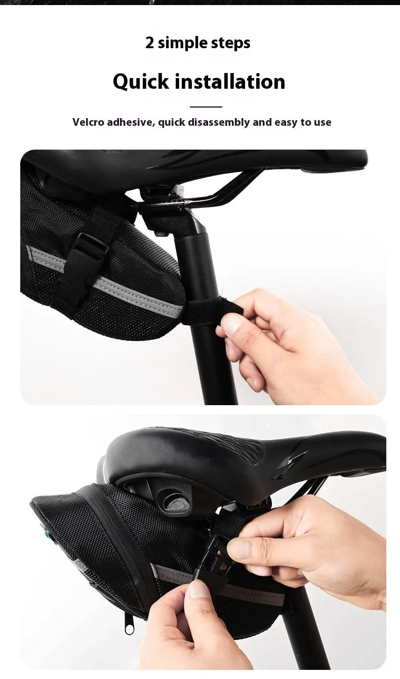 Black polyester bicycle saddle bag with quick release mount under a bike seat